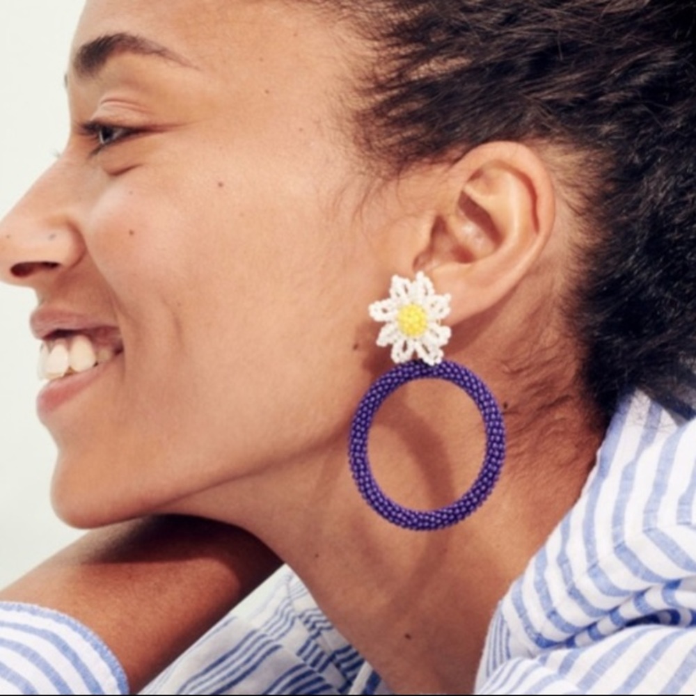 J Crew Alison Lou Beaded Daisy Hoop Plum Earrings